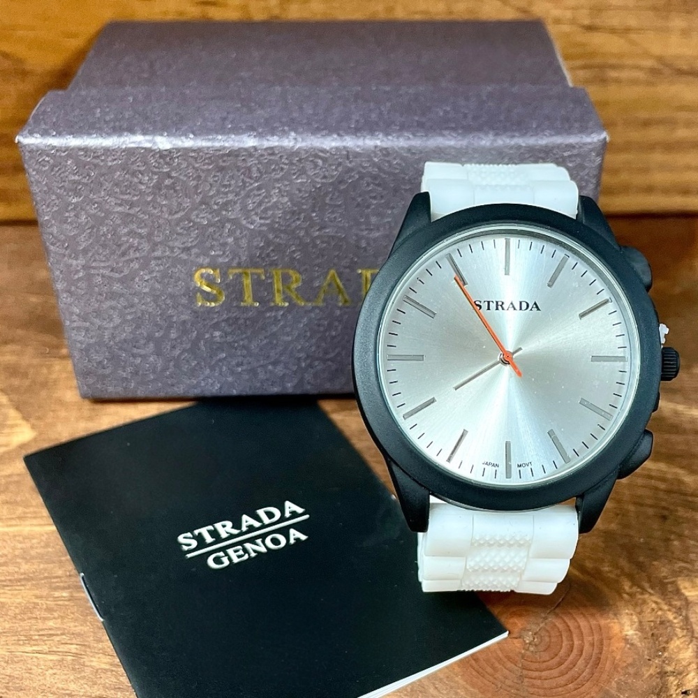 Strada Men's Quartz Watch Black Case White Silicone Band New In Box